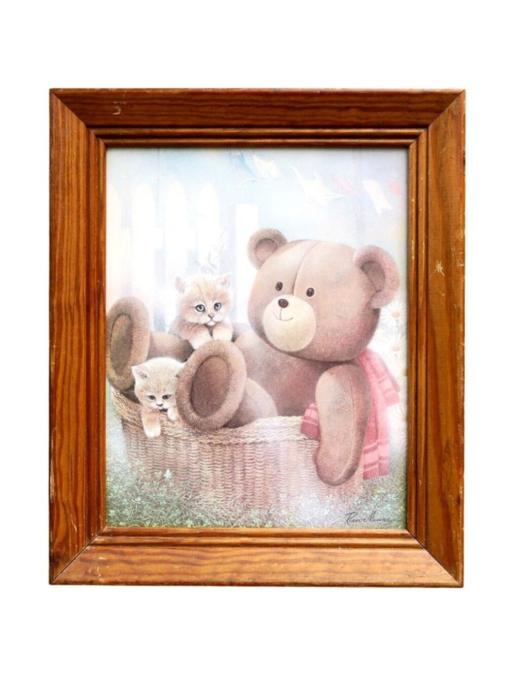 1987 Teddy Bear & Kittens Framed Print - Ruane Manning Art - 1980s Child's Decor